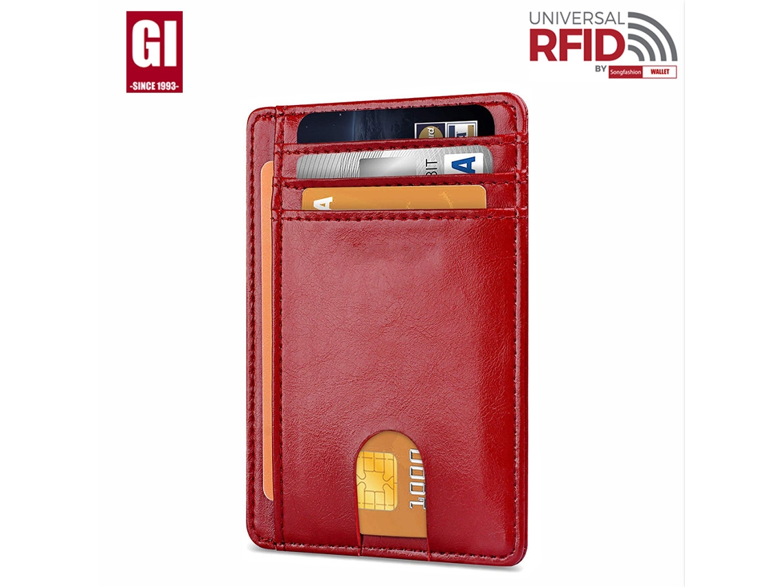 Cartera Panoona ultradelgada de piel auténtica con protección antirrobo RFID, color rojo.