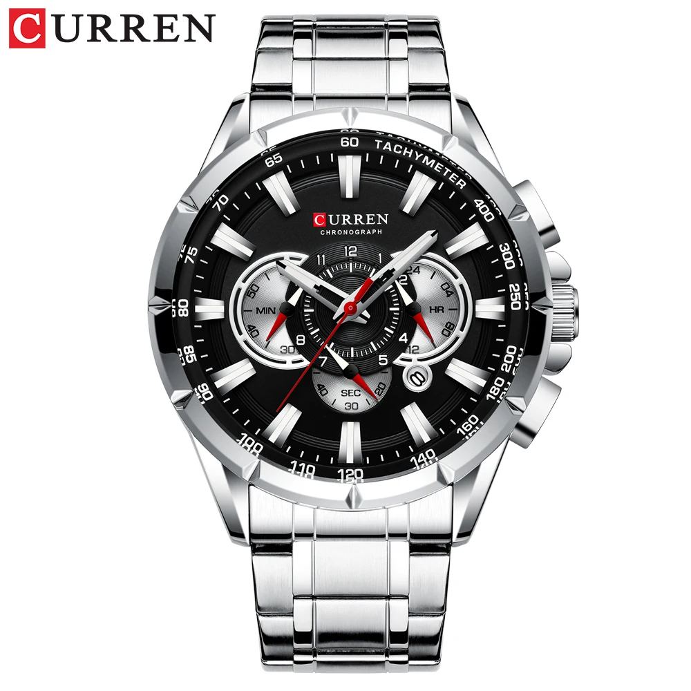 Reloj cronógrafo impermeable para hombre (negro y plateado), estilo militar, acero inoxidable.