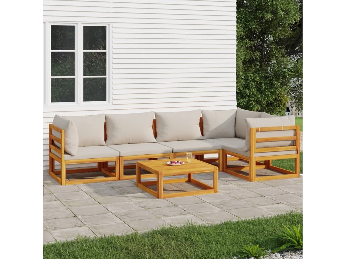 Conjunto de salón de jardín de madera de 6 piezas con cojines gris claro DKD Home Decor