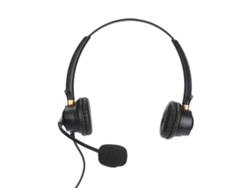 Fone de ouvido com microfone ajustável e controle de áudio para central de atendimento e mesa de escritório.