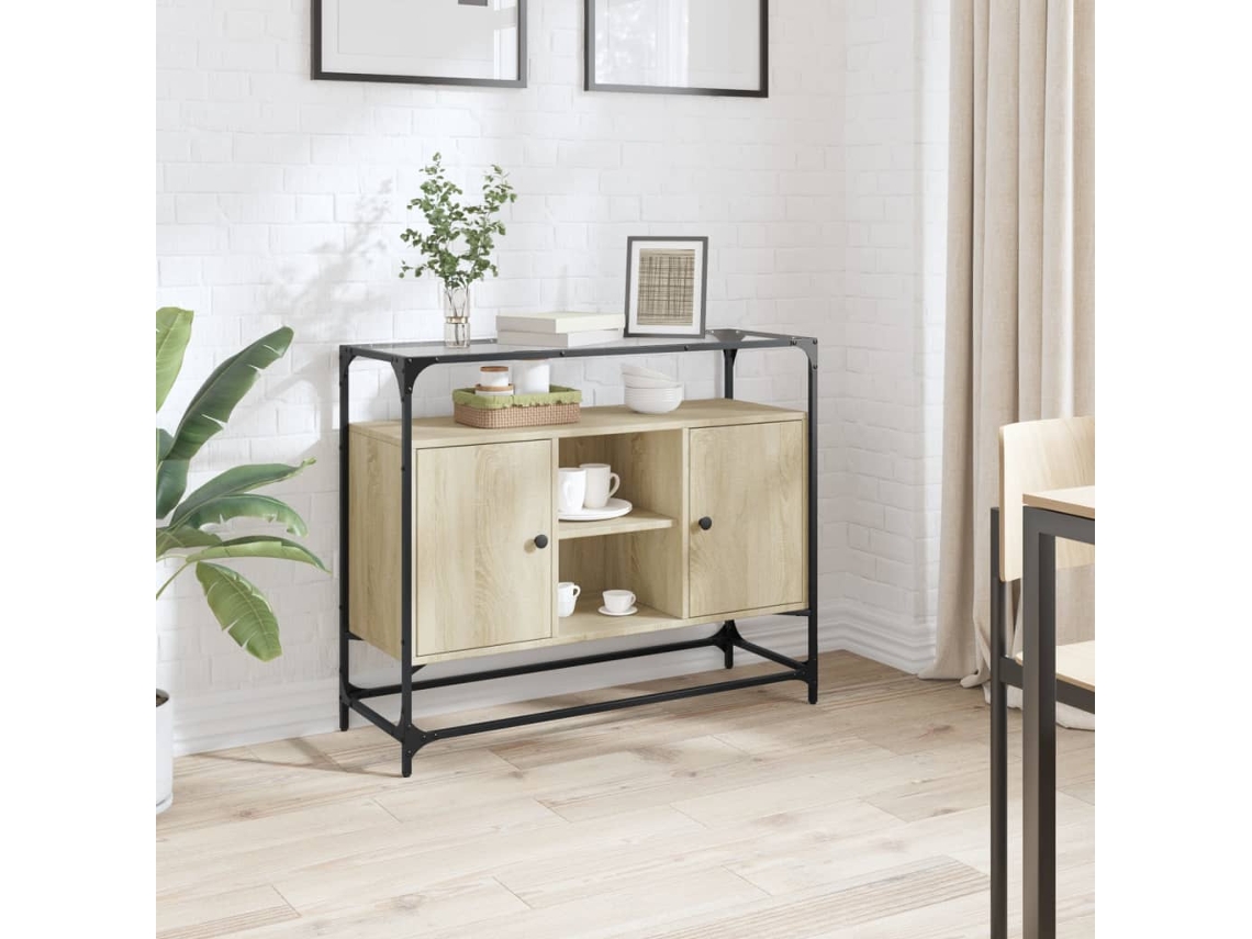 Aparador Cristal Y Madera Ingeniería Roble Sonoma 98x35x81 Cm