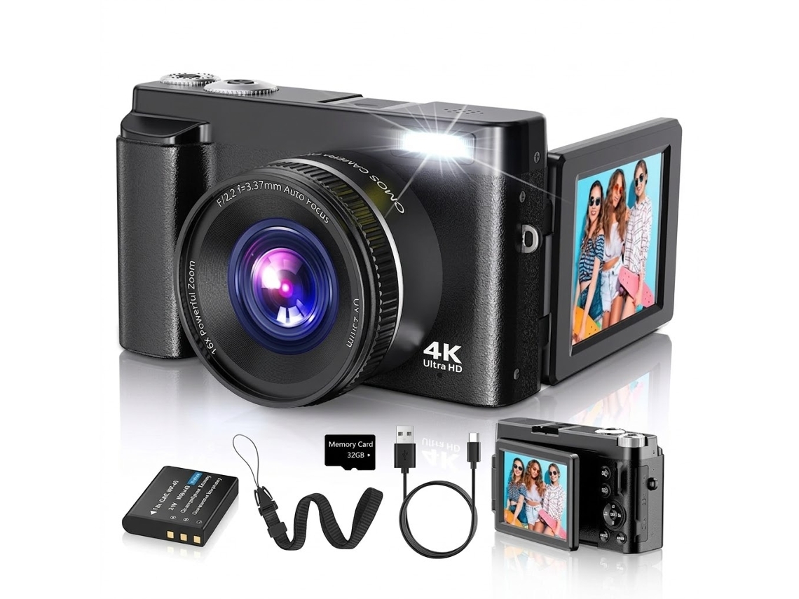 Cámara Vlogging 4k Pantalla Abatible 180º 48mp Selfie Wifi Regalo Para Niños Niñas Estudiantes (negro)