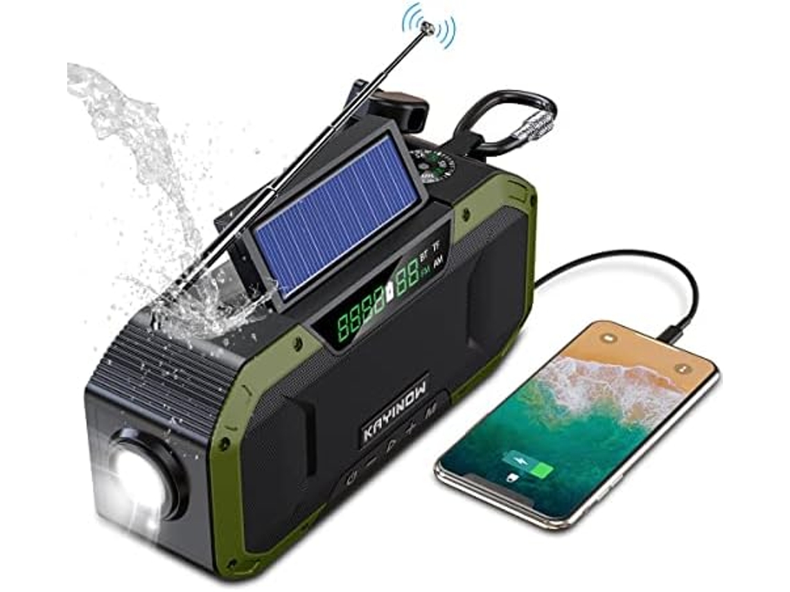 Altavoz Bluetooth con radio solar Dynamo, radio AM FM portátil con batería de 5000 mAh, carga manual, resistencia al agua IPX5, SOS, luz de emergencia