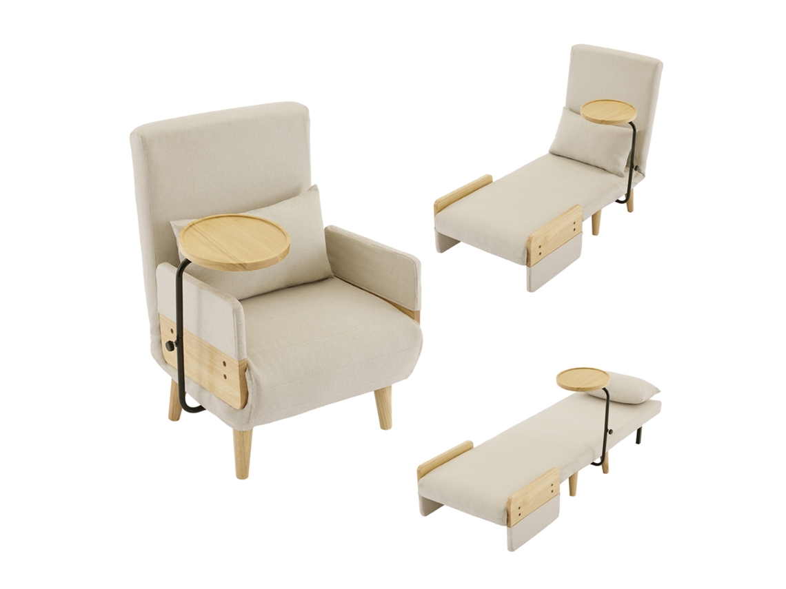 Sillón 3 en 1 con función de cama, bandeja de madera, reclinable y asiento acolchado - Beige