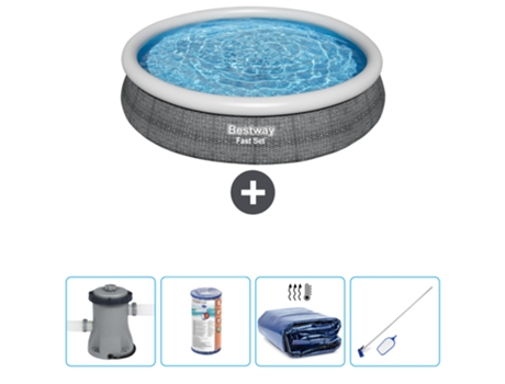 Piscina hinchable redonda Fast Set BESTWAY - Estampado ratán - 366 x 76 cm - Bomba incluida Filtrar - Vela solar - kit de limpieza