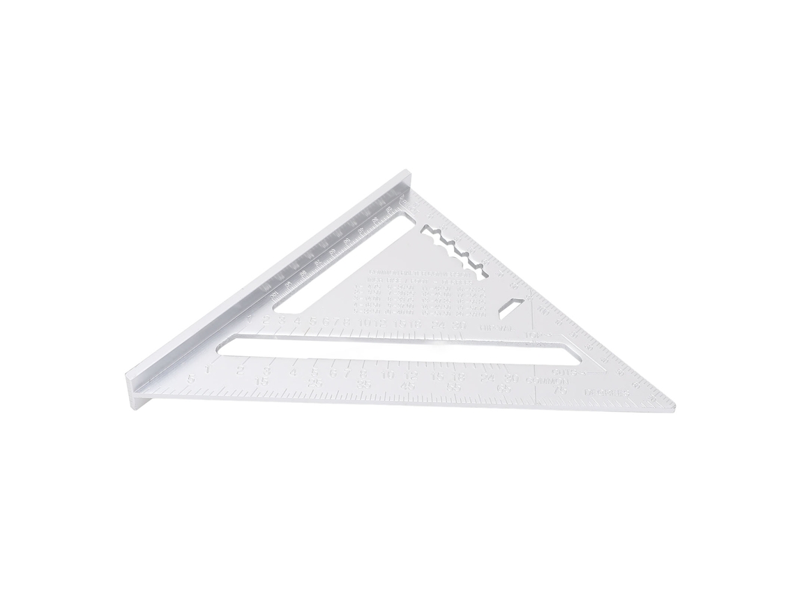 Regla triangular de aluminio para carpintería con escalas métricas e imperiales, color plateado