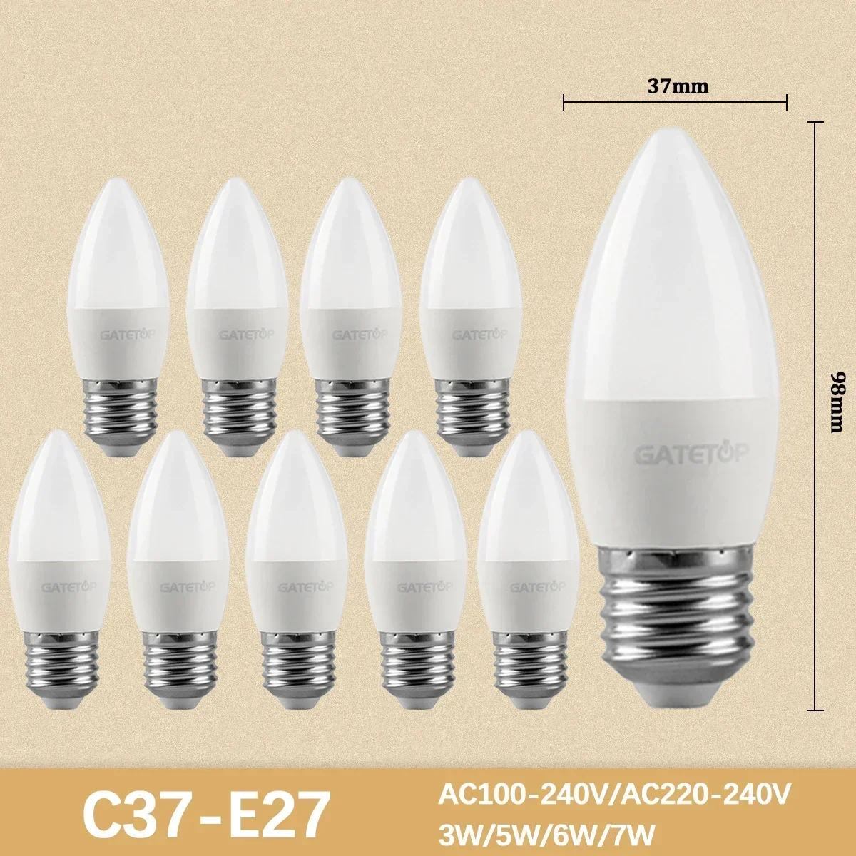 (c37 E27, Blanco Cálido 3000k) 10 Mini Bombillas Led De Alto Lumen, Sin Parpadeo, Adecuadas Para La Iluminación De Habitaciones Del Hogar.