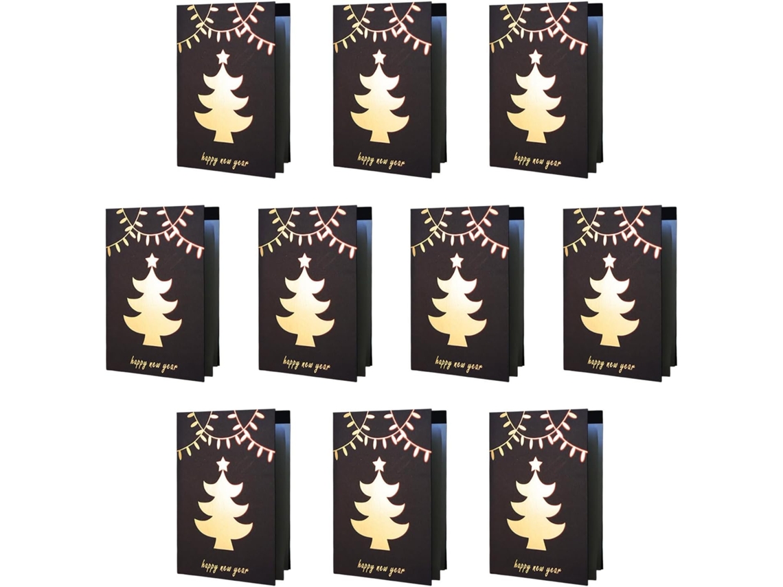 Paquete de 10 elegantes tarjetas navideñas con detalles en lámina dorada.