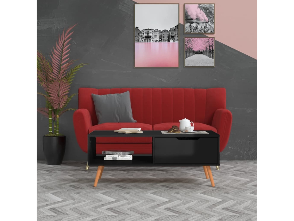 Mesa de Centro Apoyo 100X49,5X43 cm Aglomerado Negro Brillante