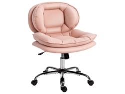 Silla de oficina rosa con asiento ancho y ruedas.