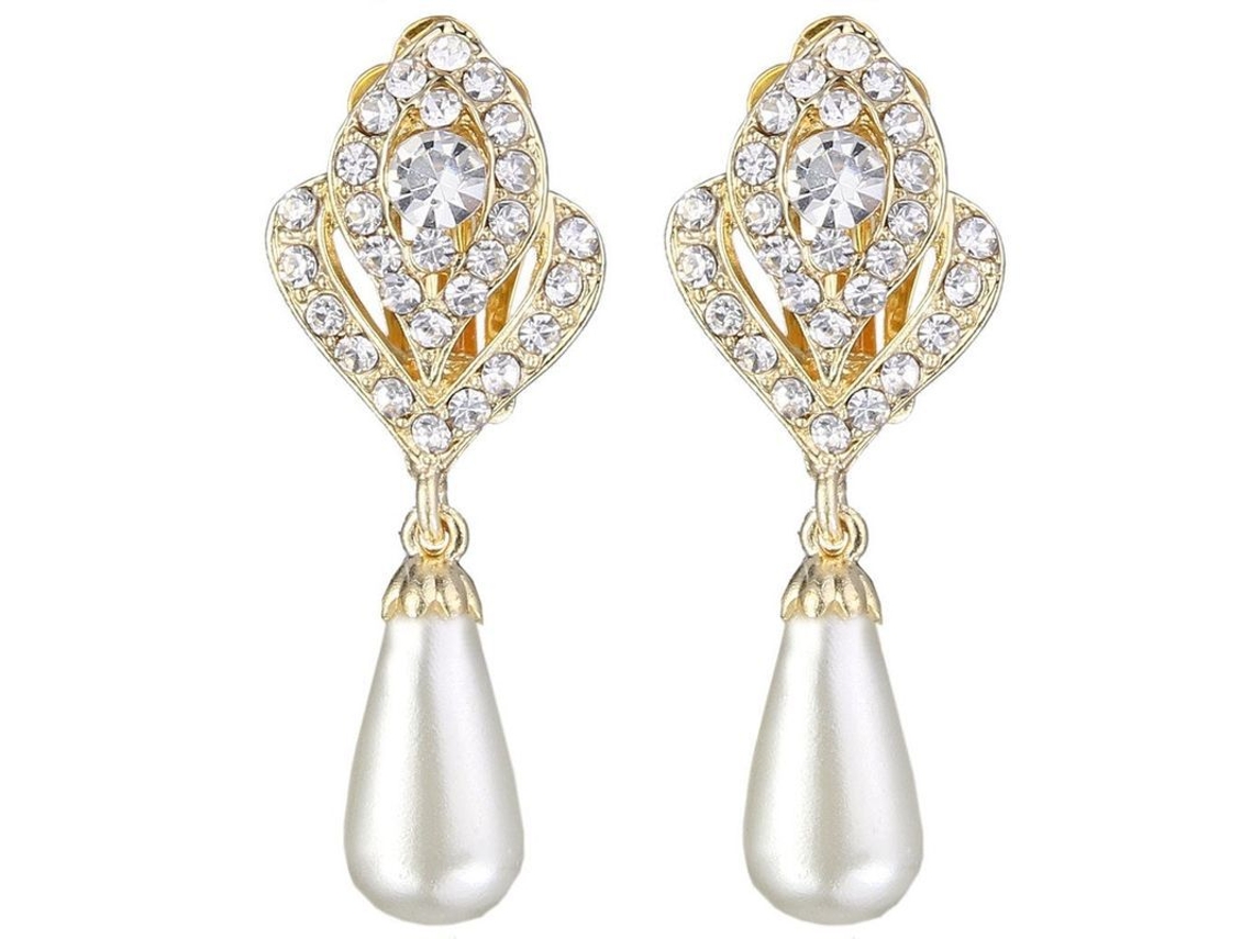 Pendientes Colgantes Chapados En Oro Con Perlas De Imitación Y Cierre De Clip, Ideales Para Fiestas, Bodas Y Uso Diario.