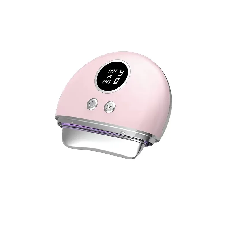 Dispositivo Gua Sha facial EMS (rosa) con terapia de luz roja y funciones de masaje facial y de cuello.