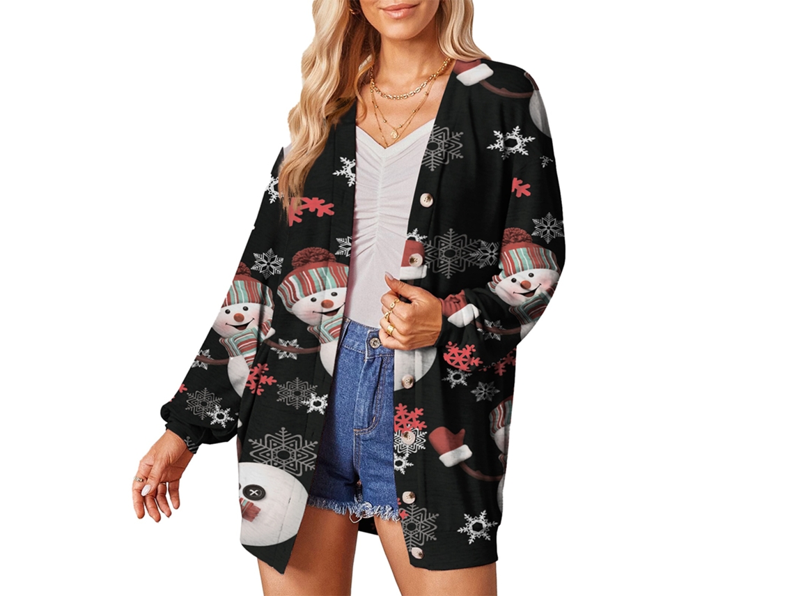 Kkpm-shelter Cardigan Mujer De Solo Button Navideño Printed Long Sleeve Casual Fashion Black Winter Muñeco XXL