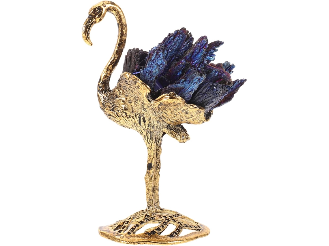 Figura Flamenco Cristal Natural Tallado Adorno Dorado Plumaje Electrolítico Escultura Artesanal Bodas