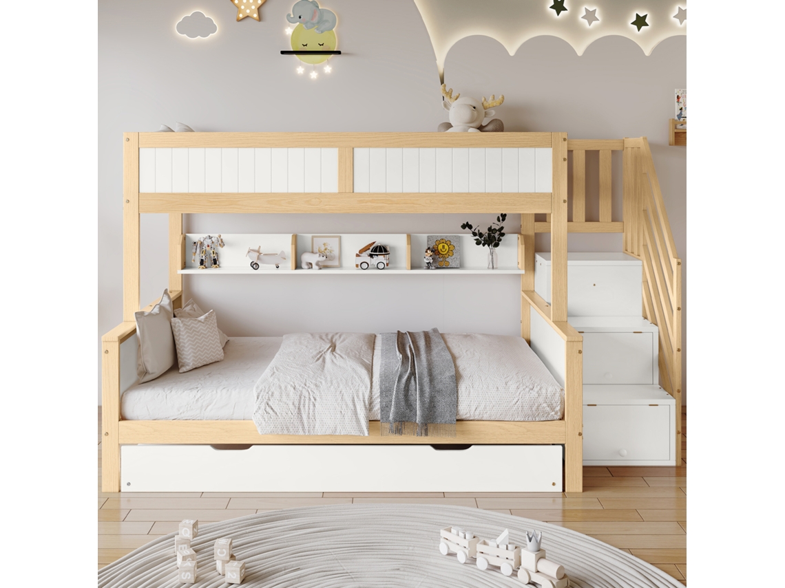 Litera 90x200 cm + Cama supletoria 120x200 cm + Estantes, Armario, Madera, Estilo Blanco y Natural