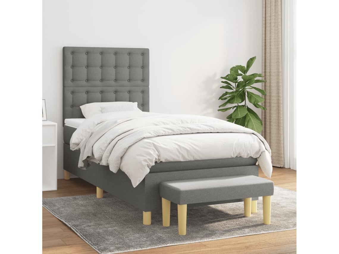 Cama Box Spring Con Colchón Tela Gris Oscuro 90x200 Cm