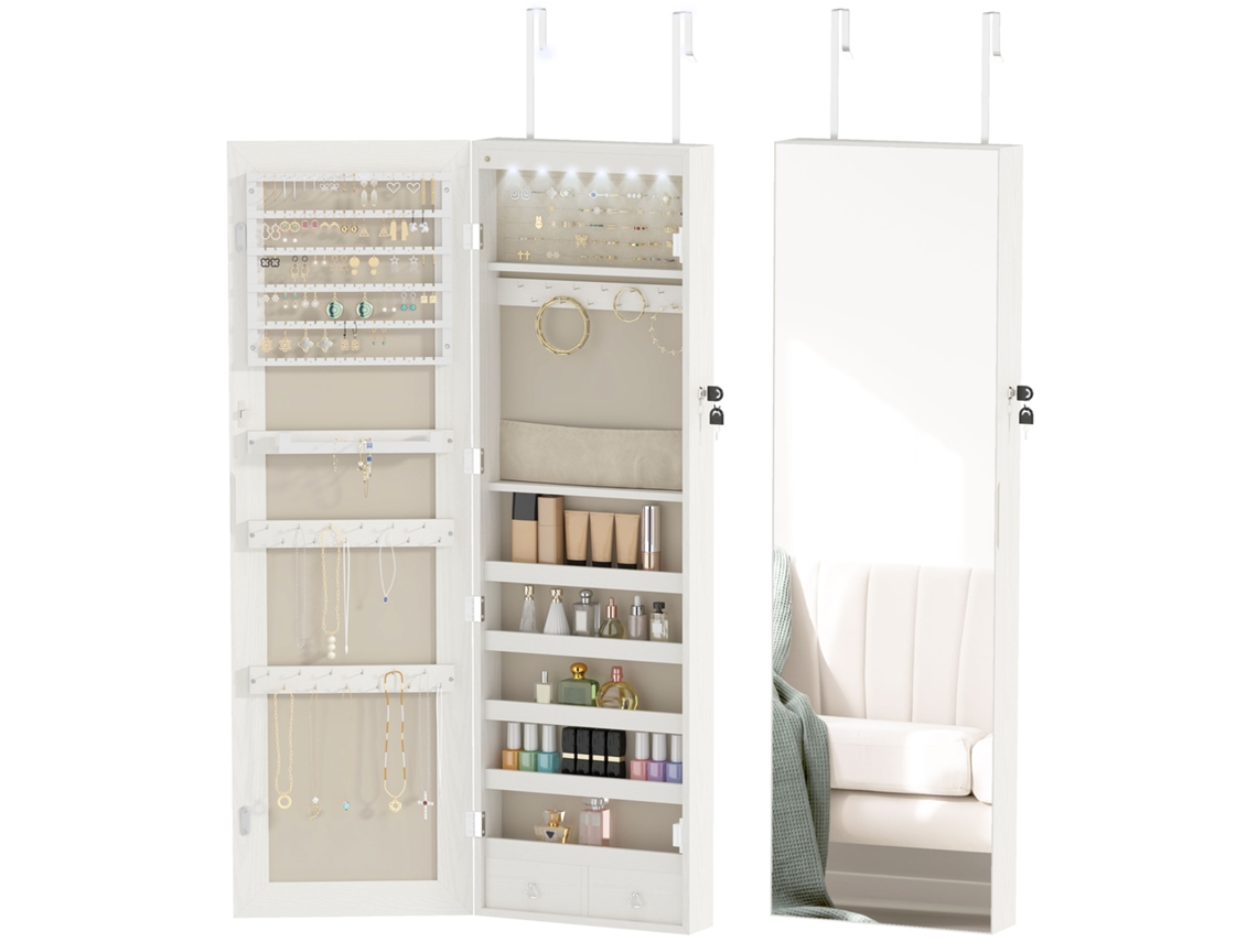 Espejo joyero con luz de pared LED, cerradura de puerta, espejo blanco