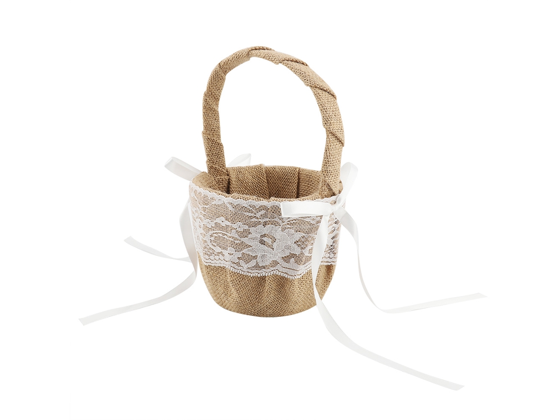 Cesta De Flores Blanca Para Niña De Honor, Material De Lino Y Algodón Con Encaje, Ideal Para Bodas Y Regalos
