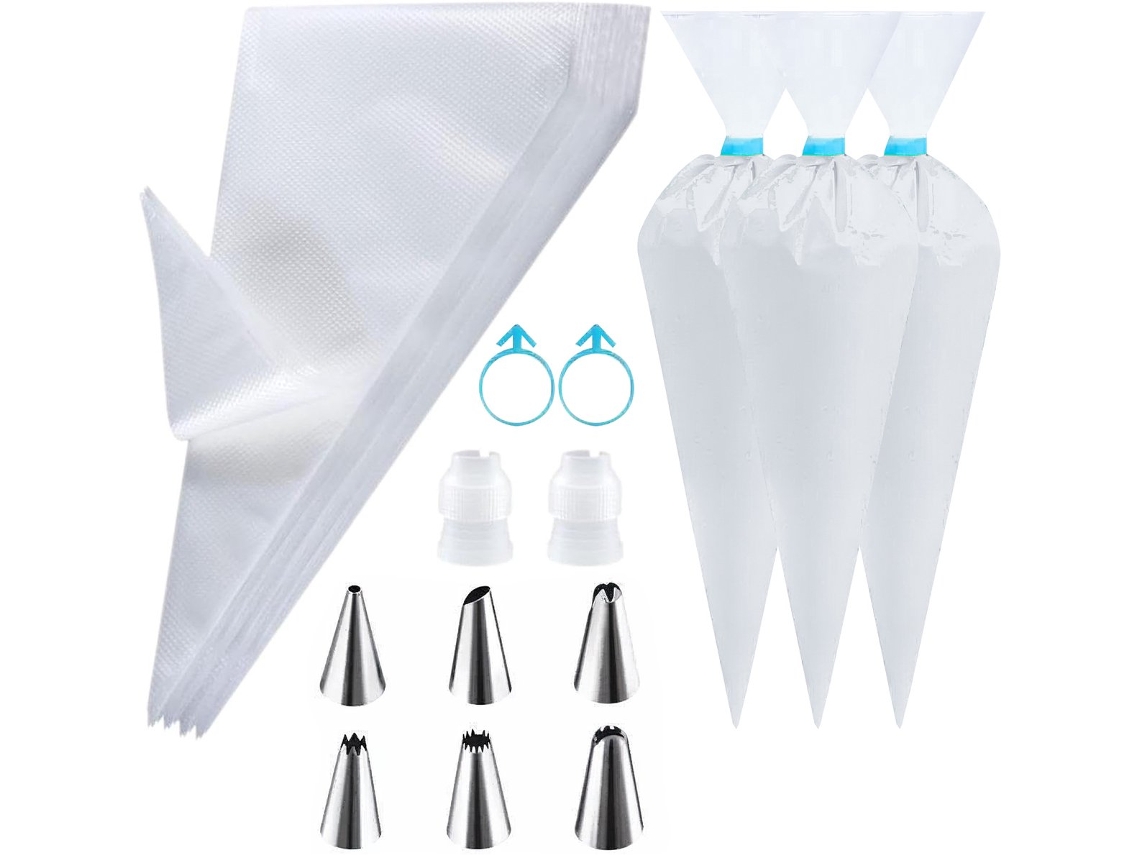 100 Mangas Reposteria Con 6 Boquillas Y 2 Adaptadores Acero Inox, Blanco