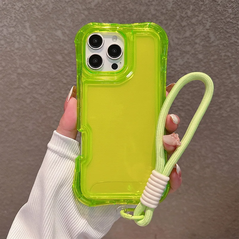 (verde Fluorescente, Iphone 15 Pro Max) Funda Protectora Transparente A Prueba De Caídas Con Airbag En Las Cuatro Esquinas Y Correa De Muñeca A Prueba De Golpes.