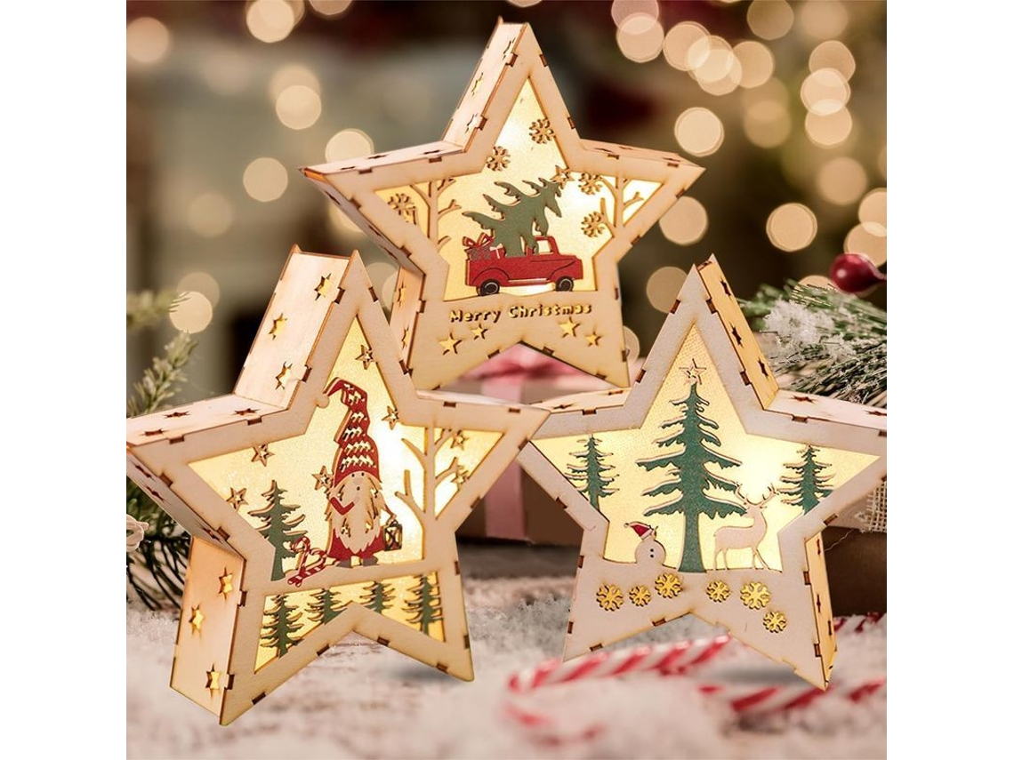 Luz De Navidad Estrella De Madera Led, 3 Piezas Decoración Iluminada Colgante Para Árbol De Navidad