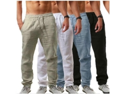 Pantalones Casuais De Verão Para Homens De Algodão E Linho Soltos Respiráveis Com Cordão De Ajuste Tamanho Plus
