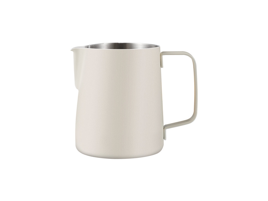 Taza de acero inoxidable para latte art con boquilla, vaporizador de leche y escala graduada, color blanco. Sfushos