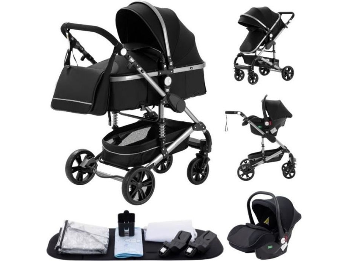 Cochecito Yazoco 3 en 1 con asiento reversible ajustable, modelo Trio, ruedas irrompibles de alta calidad, color negro total