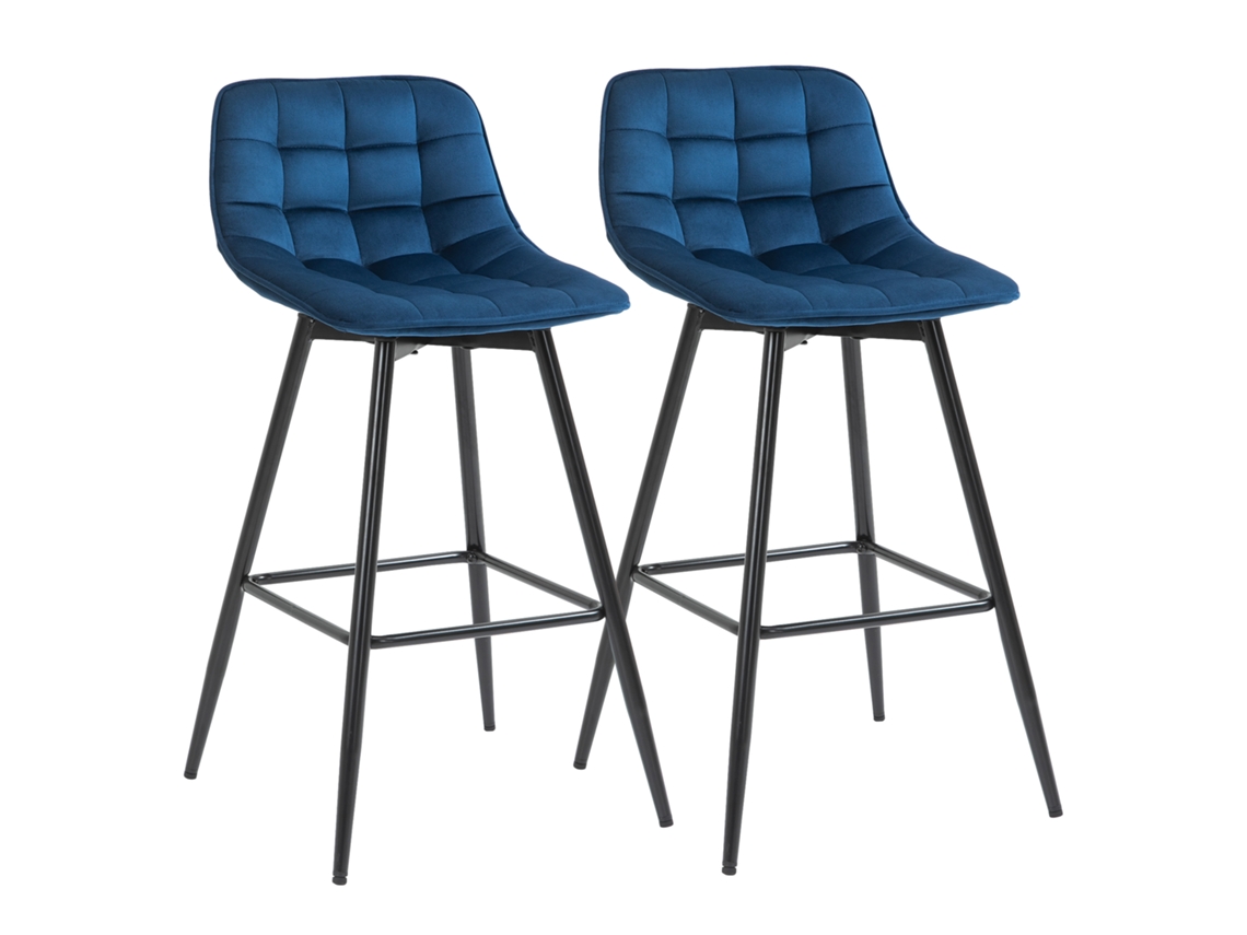 Juego De 2 Taburetes Altos De Estilo Nórdico Con Respaldo De Tela De Terciopelo Azul.