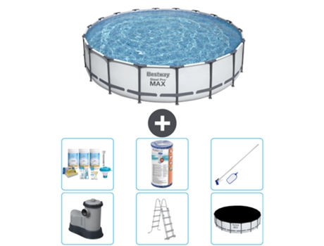 Piscina BESTWAY Round Steel Pro MAX - 549 x 122 cm - Gris - Bomba incluida - Escalera - Cobertor Paquete de mantenimiento - Filtrar - kit de limpieza