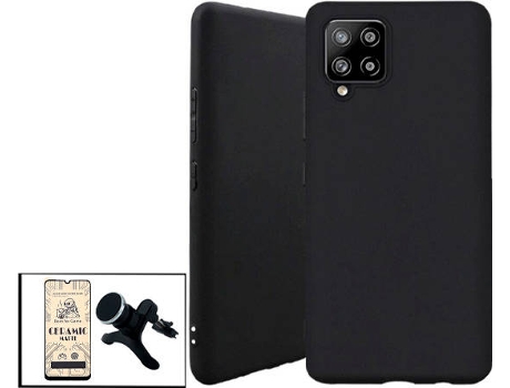 Kit Cristal Templado CeramicGlass Full Cover, Funda Silicona y Soporte Magnético de Coche Reforzado Samsung Galaxy A42 5G PHONECARE Negro