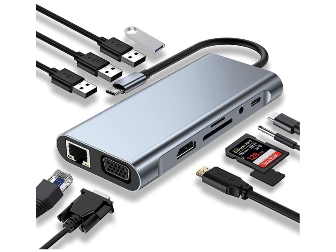 Dock Do Hub Usb-c Adaptador Usb-c 11 Em 1, Com Porta 4k-hdmi Vga, Usb 3.0 Type-c Pd E Interface Ethernet Rj45, Prateado*