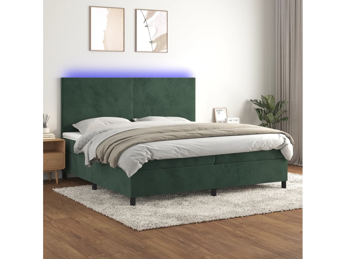 Cama Box Spring Colchón Y Led Terciopelo Verde Oscuro 200x200cm
