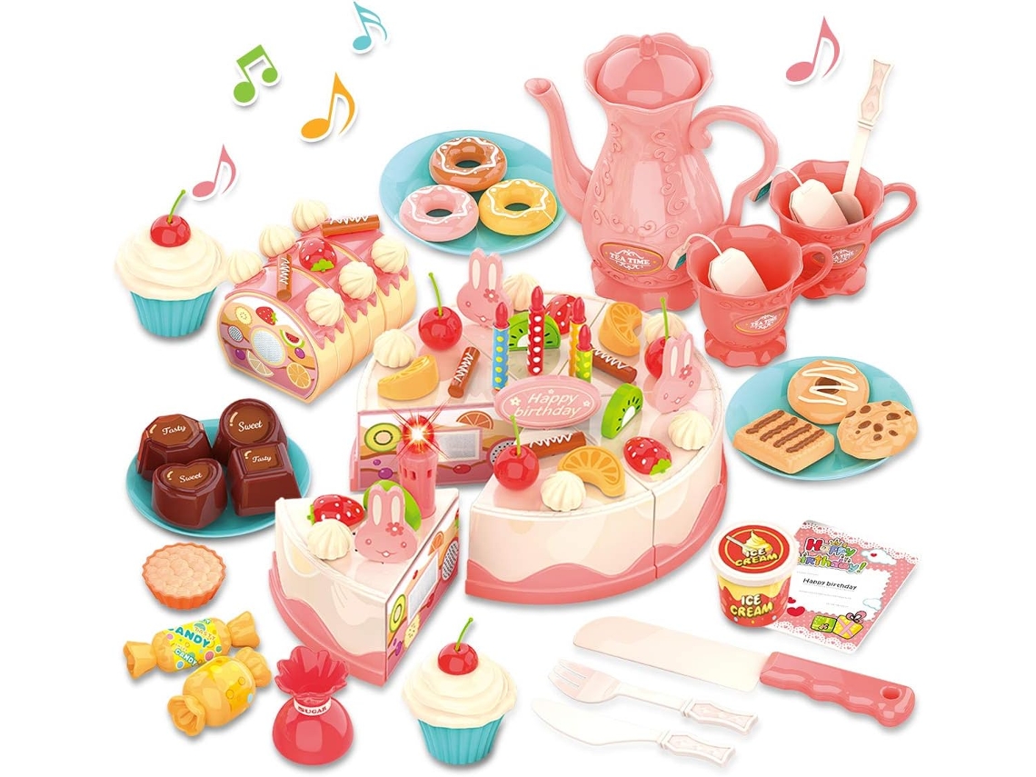 Brinquedo de Bolo de Aniversário Gilobaby com Luzes e Música de Aniversário Brinquedo de Cozinha de Corte de Comida com Jogo de Chá Pão Chocolate,