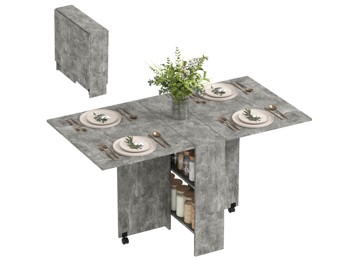 Mesa De Cocina Plegable Con Ruedas, Estantes Y Extensiones, Color Gris Cemento, 75x140x74