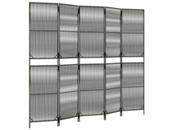 Biombo separador de ambientes, 5 paneles en resina tejida gris y acero Dec030974