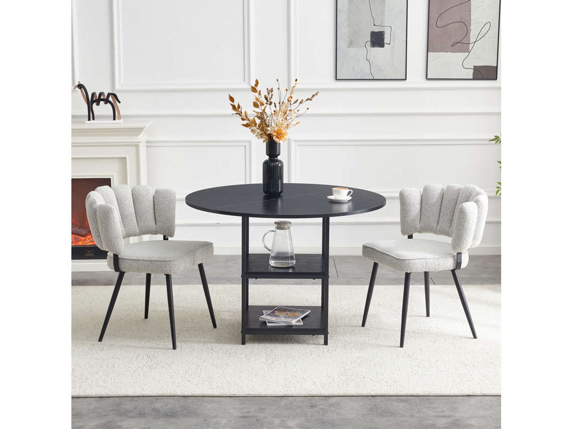 Conjunto mesa y sillas 107 cm - mesa redonda 2 niveles almacenaje + 2 sillas gris claro floral, tela texturizada, estilo industrial - negro/gris