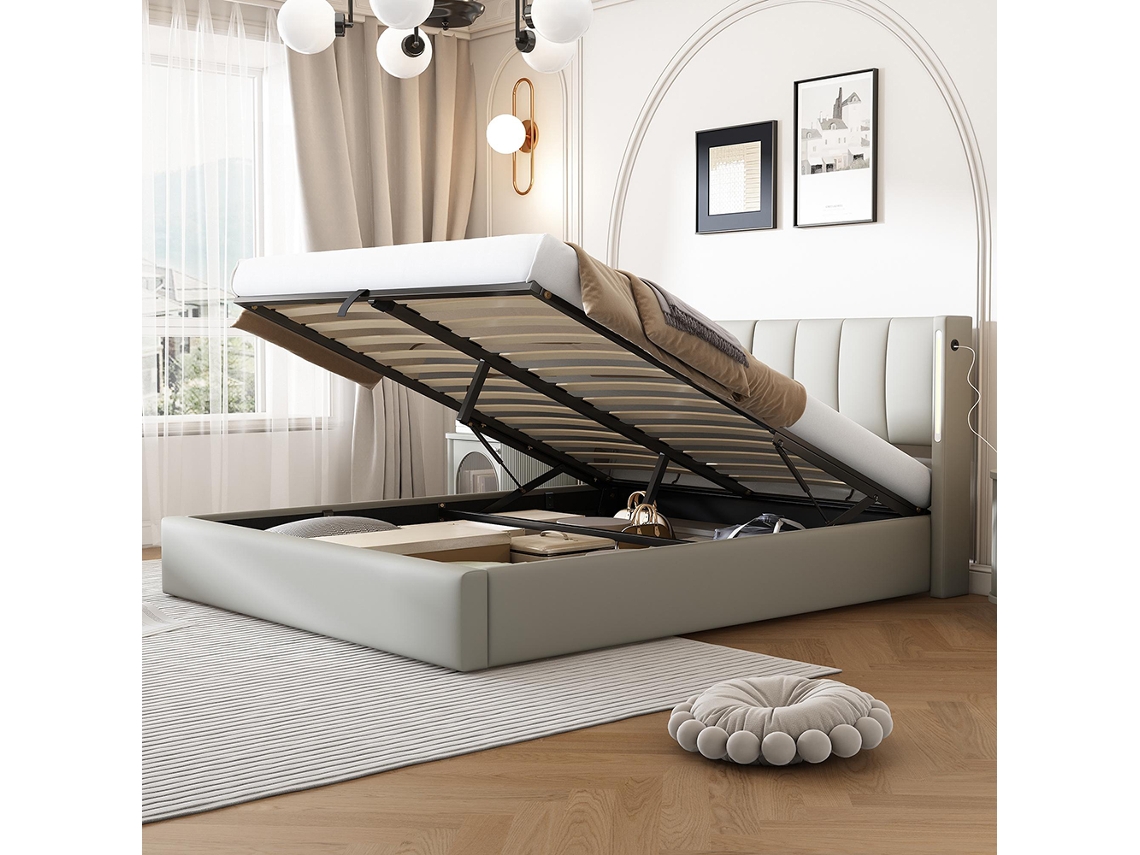 Cama Con Almacenamiento Tapizada Hidráulica Iluminación Led Gutent Piel Sintética Gris (140x190)