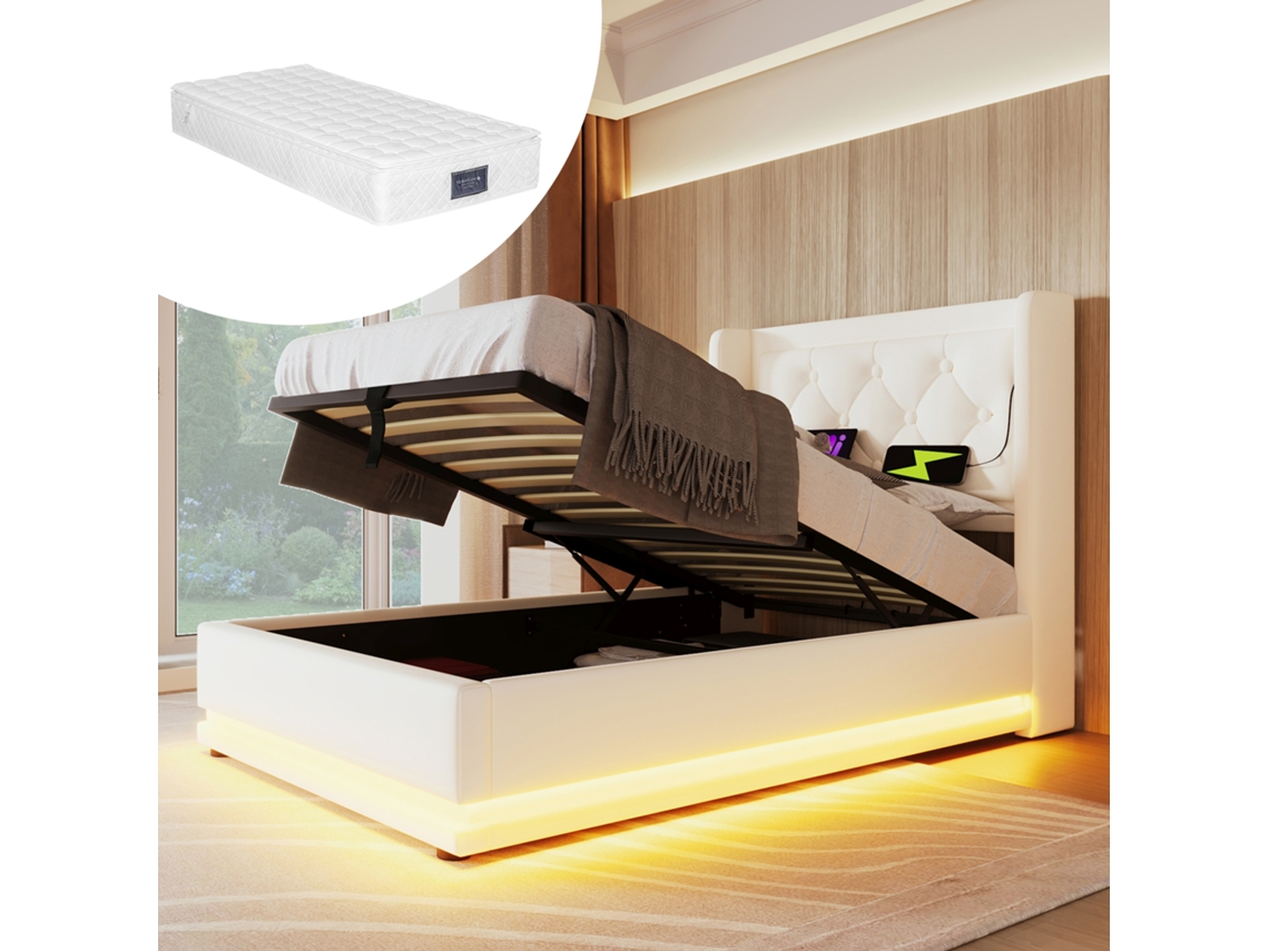 Cama Individual De 90x200 Con Led, Usb-c Y Almacenamiento Hidráulico.