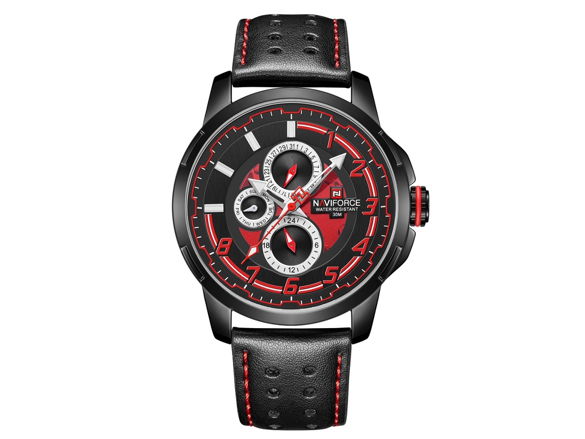 Reloj De Cuarzo Para Hombre Naviforce Con Correa De Pu, Casual Y De Negocio, Negro Y Rojo