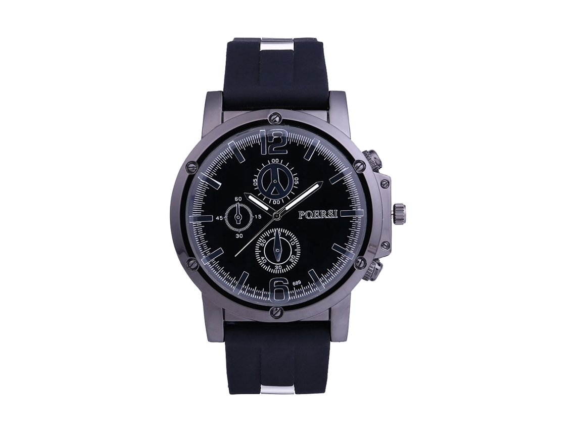 Reloj Casual Para Hombres Con Dial Redondo Tres Ojos Correa De Silicona Cuarzo Negro