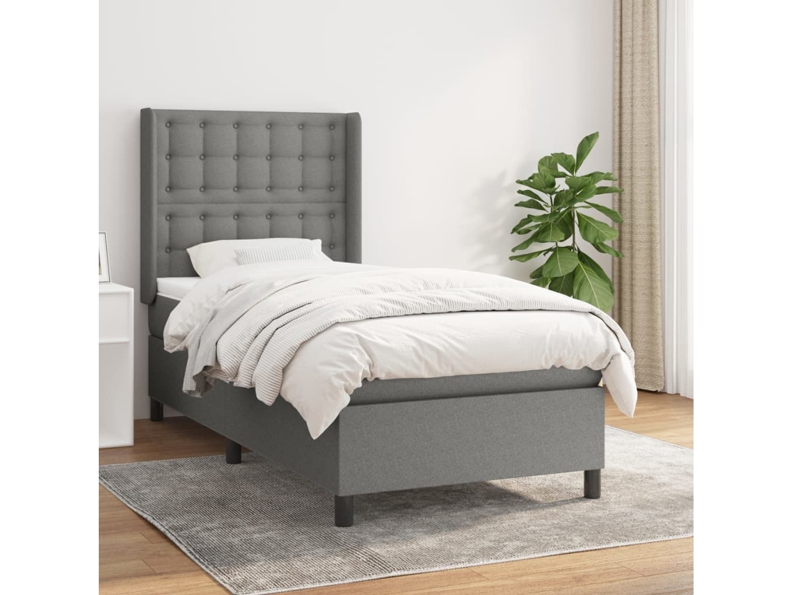 Cama Box Spring Con Colchón Tela Gris Oscuro 90x200 Cm