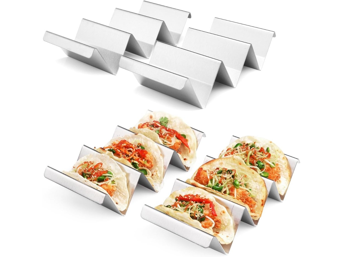 Soporte para tacos de acero inoxidable manos libres, diseño triple para sostener tres tacos verticalmente, reutilizable y resistente con acero inoxidable seguro.