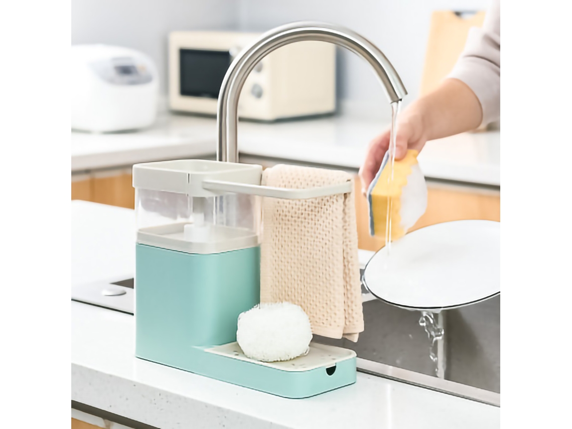 Dispensador automático de jabón líquido de fácil manejo y soporte para esponja.