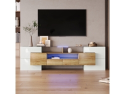 Mueble para TV KOMHTOM en hormigón brillante, 200x30x60 cm, LED multicolor, 6 puertas, 2 cajones, 3 nichos, efecto cristal, blanco natural.