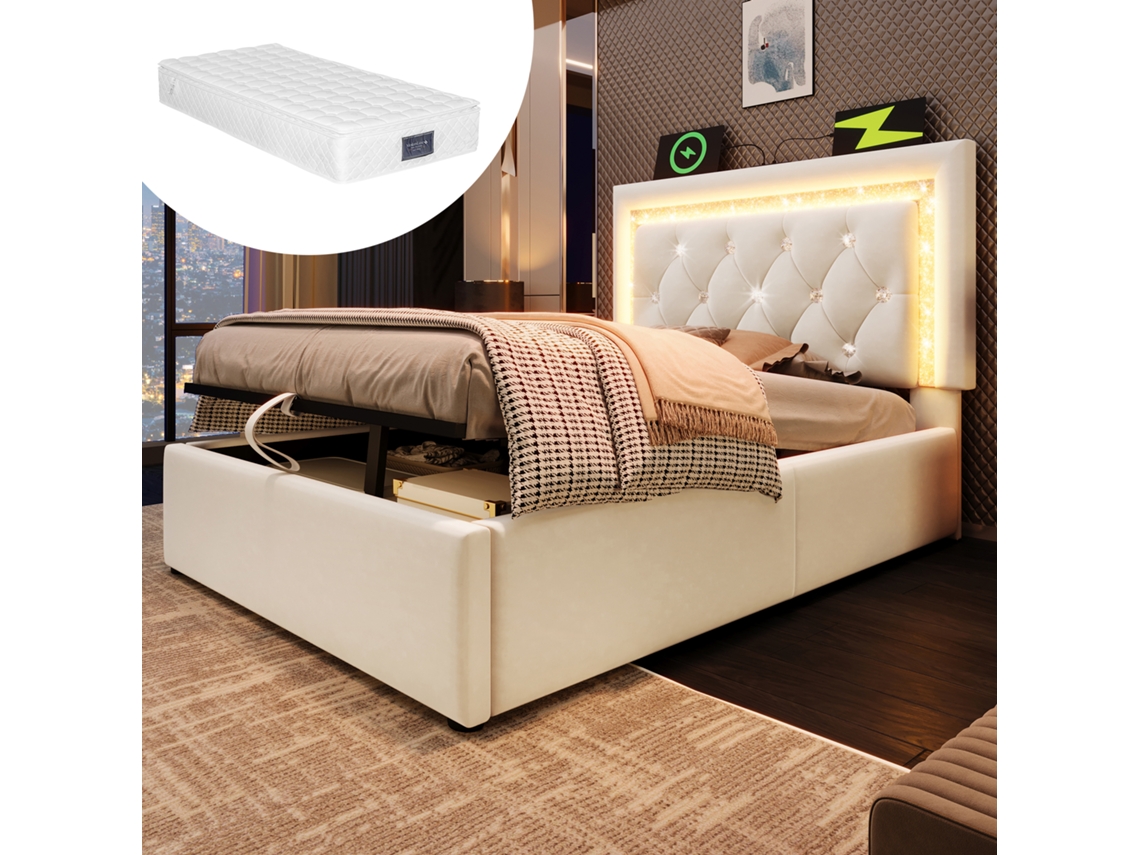 Cama Tapizada 90x200 Cm Terciopelo Beige, Led Diamante, Usb-c, Almacenamiento Hidráulico, Somier De Láminas, Con Colchón.