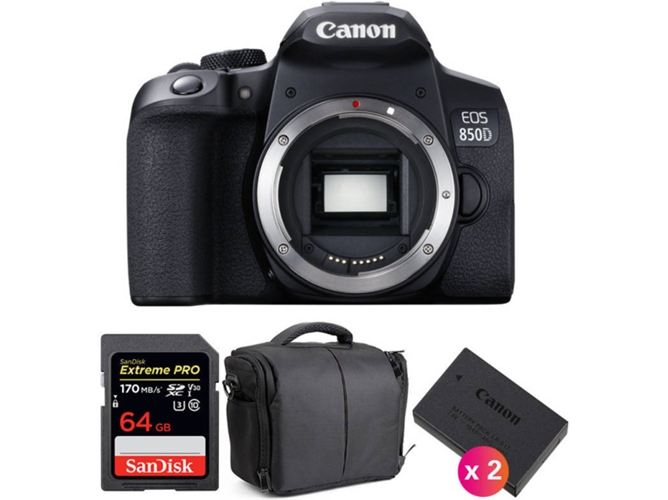 Kit Cámara Réflex CANON EOS 850D + SanDisk 64GB + 2 LP-E17 + Bolsa