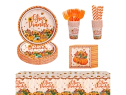 Juego de plato y servilleta de calabaza de Acción de Gracias, incluye platos, tazas y cubiertos NEVEANCE