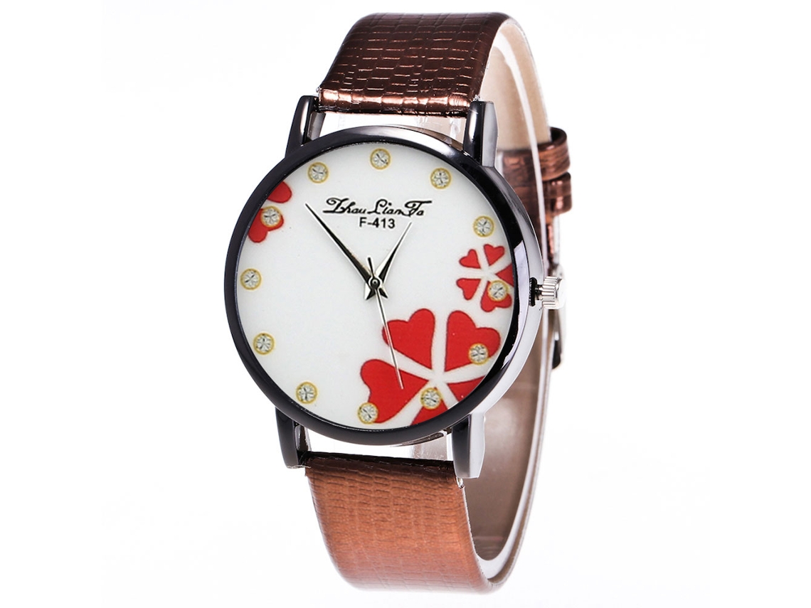 Reloj De Cuarzo Para Mujer Con Correa De Cuero Pu, Dial Redondo, Patrón De Strass (café)