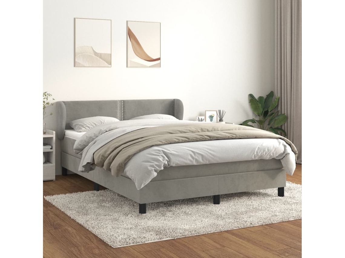 Cama Box Spring Con Colchón Terciopelo Gris Claro 140x200 Cm